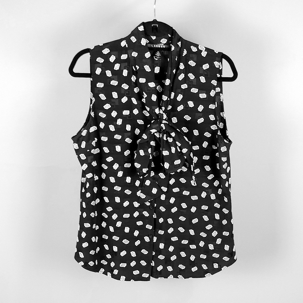 Ralph Lauren LRL Silk Sleeveless Blouse Tank Top Geometric Womens Navy White - Picture 5 of 10